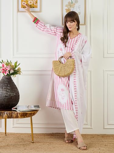 Image of INDO ERA Women's Straight Linen Floral Print with Beads Work Kurta Pant with Dupatta Set (IEOUT9824)
