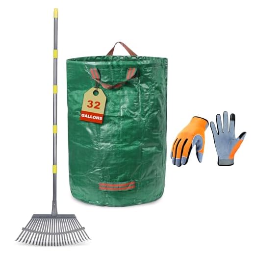 3-Piece Leaf Rake Kit – Adjustable Heavy-Duty Yard Rake with 25 Tines (36–73"), 32-Gal Tear-Resistant Bag & Leather Gloves – Fall Cleanup Set for Lawn, Shrubs & Gardens