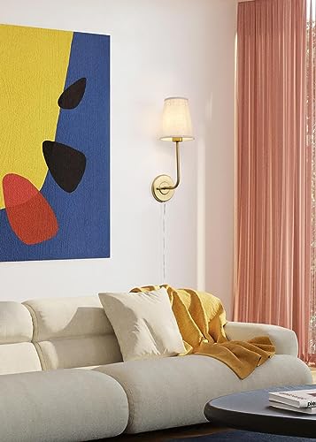 Image of Pathson Set of 2 Plug in Fabric Wall Sconce Linen Cloth Shade, 1-Light Vintage Wall Light Fixture for Living Room Bedroom