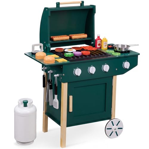 Best Choice Products Kids BBQ Grill Playset Wooden Play Kitchen Toy with 28 Accessories Realistic Toy Grill with Clicking Knobs Side Burners & Storage Indoor/Outdoor for Toddlers Boys & Girls