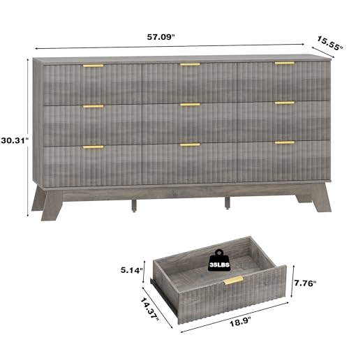 Image of HUANLEGO Fluted Dresser for Bedroom with 9 Drawers, 57 inch Mid Century Modern Dresser of Closet TV Stand, Nature Wood Dressers with Gold Handle, Boho Closet Wide Modern Chest of Drawers, Grey