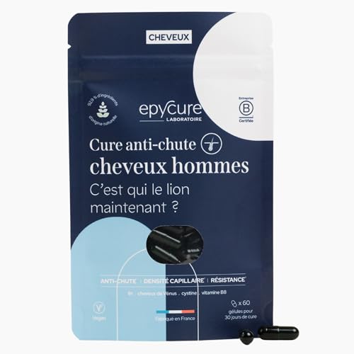 EPYCURE - Cure Chute de Cheveux Homme - 92% Naturel - Limite la Perte, Accélère la Pousse, Efficace Contre l'Alopécie Androgénique - Cystine, Zinc, Vitamines - 1 Mois - Vegan - Fabriqué en France
