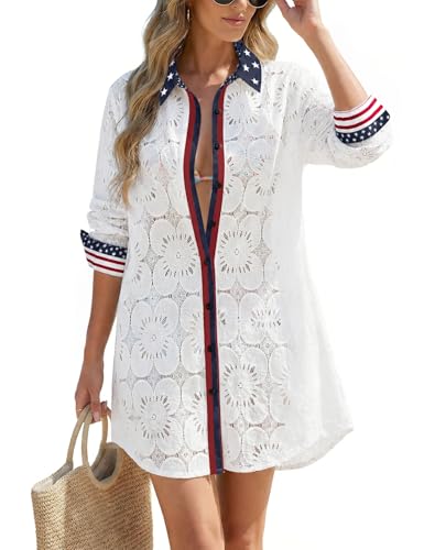 CiCiBird Women Swimsuit Coverup Lace Eyelet Bathing Suit Cover Up 4th of July Button Shirtdress Bikini Swimwear Beach Dress American Flag4 S
