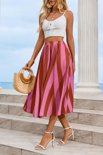 Image of Cicy Bell Womens Summer Striped Maxi Skirts A-Line Beach Vacation Outfits | Elastic Waist, Side Pockets, Flowy, Midi Length, Color Contrast, Trendy Casual