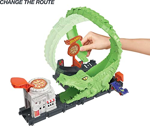 image for Hot Wheels Toy Car Track Set Gator Loop Attack Playset in Pizza Place 