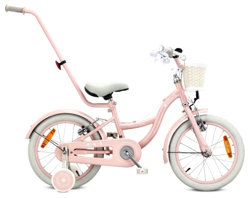 sun baby Bicicleta Infantil 16 Pulgadas Flower Bike Retro, Niña 4-6 Años, Máx 50 kg - Frenos V-Brake, ruedines, Timbre, Reflectantes, Cuadro de Acero, Ajustable - Rosa