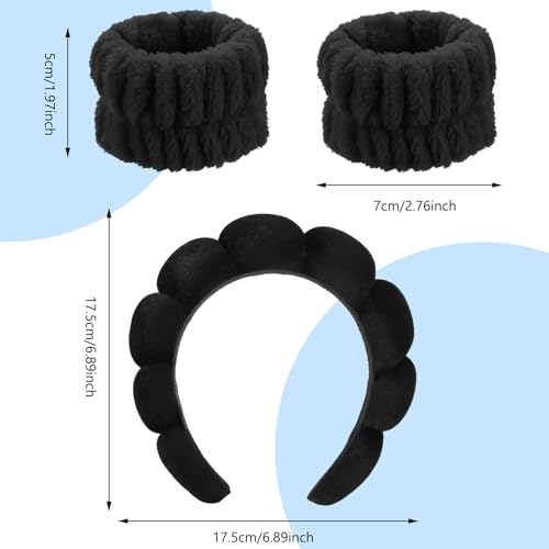 Sibba 3Pcs Sponge Spa Headband for Women, Soft Makeup Headband and Wrist Washband Set Skincare Headbands, Terry Cloth Bubble Hairband for Face Washing, Makeup Removal, Spa, Yoga, Sports, Shower(Black) - Image 2