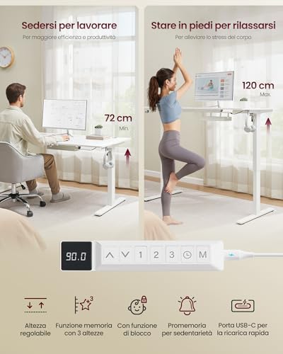Vasagle Scrivania Regolabile In Altezza, 180 X 80 Cm, Porta USB-C, Mensola Per Ciabatta Elettrica, Promemoria Per Sedentarietà 3 Tasti Di Memoria, Per Ufficio, Bianco Opaco LSD148WZ02 - 6