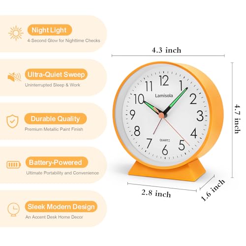 Image of 4.5 Inch Small Silent Analog Alarm Clock, Retro Battery Operated Desk Clock with Night Light Stays On 4 Seconds Vintage Metal Table Clock for Bedside, Nightstand, Bedroom, Office, Bathroom - Orange