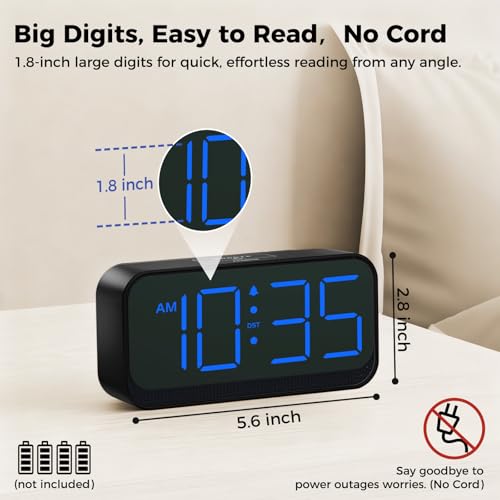 Image of Acedeck Battery Operated Digital Clock: Cordless Small Alarm Clock for Bedroom Travel - Large Numbers 4 Dimmers for All Ages Blue Digits