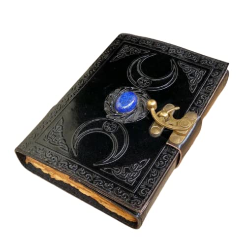 SHORE STORE Vintage Journals Grimoire Celtic Witch Stone Leather Book Of Shadows Journal Blank Spell Notebook Black The Triple Moon Uncharted Merchandise Deckle Edge Paper Wiccan Sketchbook (Black) Unknown Binding