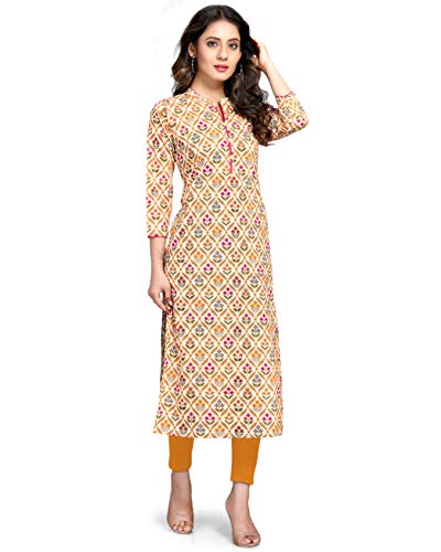 Image of Rajnandini Women's Pure Cotton Straight Fit Casual Coloured Cambric Jaipuri Printed Kurti