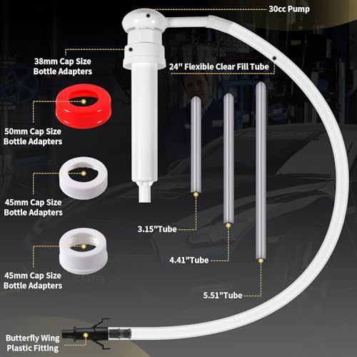 Image of Fluid Pump for Gallon Bottles, 4 Size Cap Adapters (38 /40 /43 /50mm) + Extension Tubes, Wide-Mouth Quart Compatible, Antifreeze with This 30cc Hand Pump(Not for Standard Quart)