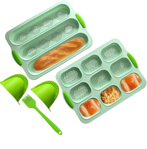 YXIAOO Backform Baguette Backblech Brötchen Brotbackformen Baguetteblech Backen von Baguettebrot Brot Langbrot Hot Dog mit 2 Isolationshandclip+Ölpinsel (Grün, Baguette)