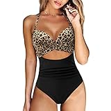 DELAIESI Badeanzug Damen bauchweg Einteiliger Badeanzug Damen Figurformend Einteilig Tankini Frauen Bikini für Mollige, Push up Gerippt Geschenke für Frauen Zum Geburtstag Shapewear Herbst, Abraun, L