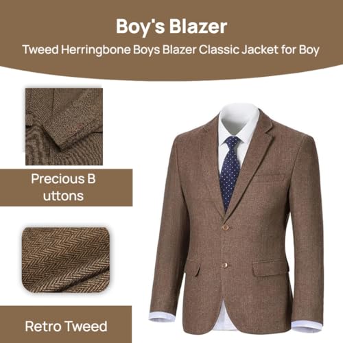 Image of Tweed Herringbone Boys Blazer Classic Jacket for Kids Casual Sport Coat | Wrinkle-resistant for easy care. Soft breathable fabric delivers comfy wear, classic pattern fits all formal events.