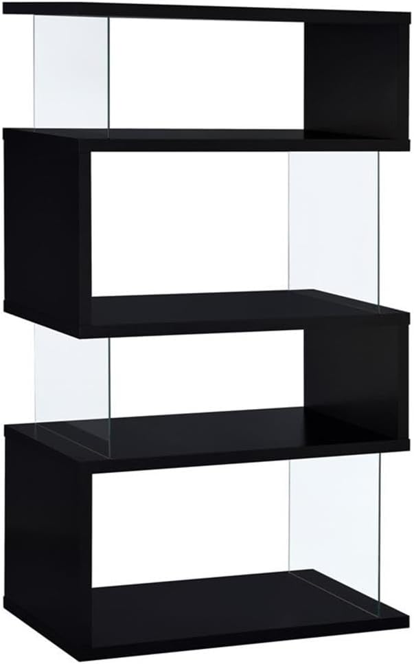 BOWERY HILL 4-Shelf Contemporary Wood Bookcase, Black Finish, Glass Side Panels, Zigzag Design, 63 in H x 35.5 in W x 15.5 in D, Modern Storage for Home Office or Living Room