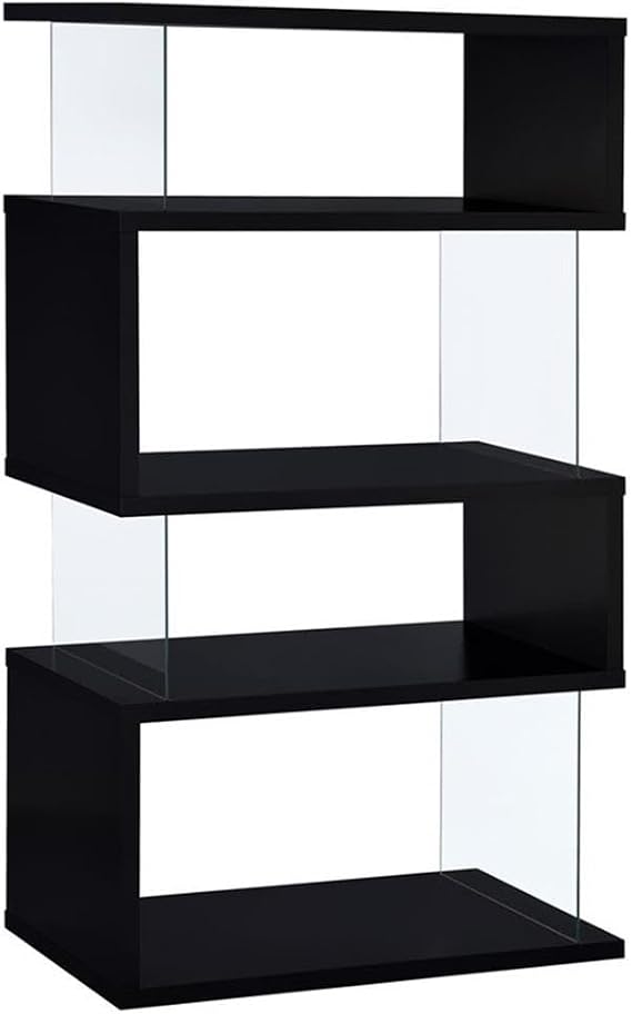 BOWERY HILL 4-Shelf Contemporary Wood Bookcase, Black Finish, Glass Side Panels, Zigzag Design, 63 in H x 35.5 in W x 15.5 in D, Modern Storage for Home Office or Living Room