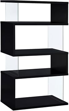 BOWERY HILL 4-Shelf Contemporary Wood Bookcase, Black Finish, Glass Side Panels, Zigzag Design, 63 in H x 35.5 in W x 15.5 in D, Modern Storage for Home Office or Living Room