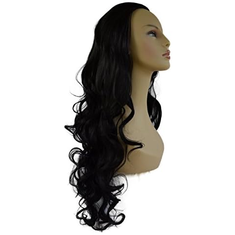 Ladies 3/4 Half Wig - Jet Black - Curly - 22in / 56cm - 250g - Heat Resistant Synthetic Fibre - Clip In Hair Piece Extension - Looks and Feels like Real Hair Cover