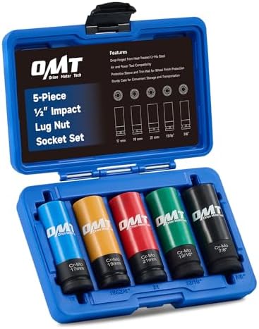 Orion Motor Tech 1/2" Drive Lug Nut Socket Set, Metric 17 19 21 mm & SAE 13/16 7/8 in. Wheel Socket Set, 5pc Impact Lug Nut Socket Set, Thin Wall Lug Nut Sockets with Colored Protective Covers
