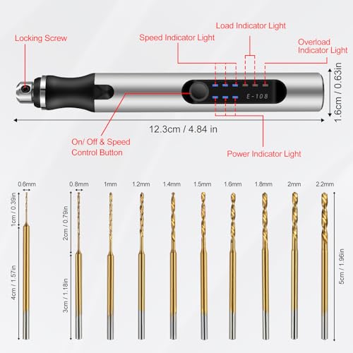 Comius Sharp 3-Gang Elektro Mini Bohrstift, Kabellos USB Wiederaufladbar DIY Handbohrer, mit 10 Spiralbohrer (0.6-2.2mm), Mini Bohrmaschine für Harz Schmuckherstellung Kunststoff Holz Leder
