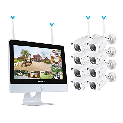 ANNKE 8CH 1080P Drahtloses Videoüberwachungssystem mit 12 Zoll Monitor WiFi NVR/WLAN IP Kamera Überwachungskamera Set 8Pcs 1080P Überwachungskamera Aussen WLAN,30m IR Nachtsicht, Bewegung Alarm durch