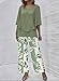 LOZ Women's 2 Piece Outfits Green 3/4 Sleeve Double Layer Top and Leaf Print Straight Leg Pants Lounge Set 2025 Trendy