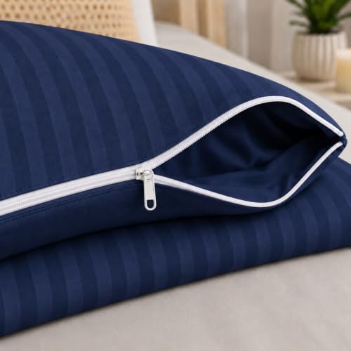 Image of Castiqa Premium Glace Cotton Satin King Size Stripes Pattern Quilt Cover /Duvet Cover /Rajai Cover /Blanket Cover with Zipper Closure (Navy, Single Bed (60x90 inch))