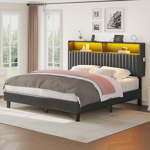 Seventable Lit 140x200 avec Station de Charge, Lit Métal avec Tête Capitonnée & LED, avec Étagère à Deux Niveaux, Parfait pour Chambre Enfant, Chambre...