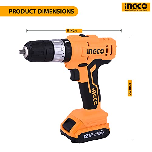 Image of INGCO Lithium-Ion Impact Drill - 12V Cordless, 20000BPR, 25NM Max Torque, 2pcs Battery Pack & 1hr Fast Charger