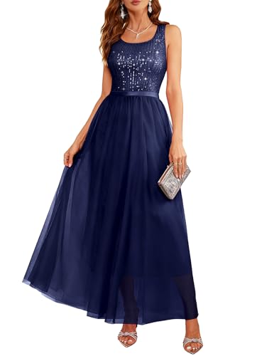 Image of BeryLove Sequin Dress for Woman Vintage A Line Wedding Formal Swing Mesh Dress Sleeveless Cocktail Maxi Gowns
