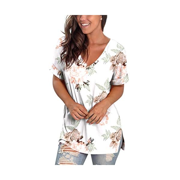 Floral Summer Tops for Women Short Sleeve Tee Shirts V Neck Rose Flower High Low L