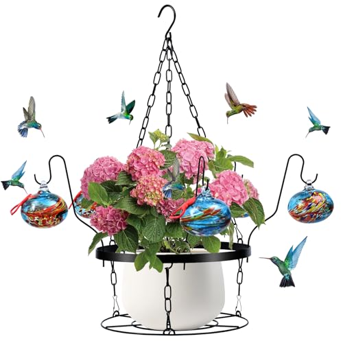 Hand Blown Glass Hummingbird Feeders for Outdoors with Hanging Planter(11 inch),Metal Hanging Plant Holder and Glass Hummingbird Feeder 2-in-1(POTS NOT Included)