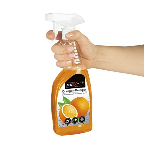 MAXXMEE Reinigungsmittel Orangenreiniger | Stark gegen Fett, löst selbst hartnäckigen Schmutz | Holz, Textilien, Keramik, Glaskeramikherd | Set aus Sprühflasche & 3 Sachets [3 x 500 ml]