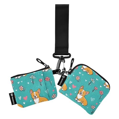 Cute Corgi with Flower Wristlet Wallet for Women, Detachable Dual Pouch Wristlet, Mini Zip Around Wallet Portable Coin Purses