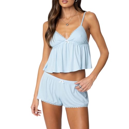 XBTCLXEBCO Lace Pajama Sets for Women 2 Piece Sexy Sleeveless Cami Tank Top and Shorts Pj Set Y2K Matching Lounge Sleepwear (Lace Blue, S)
