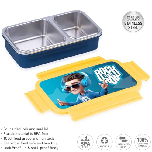 Image of Aliensware 4D Bento Kids Lunch Box with 2 Compartment, Microwave-Safe BPA Free Advance Coating Stainless Steel Kids Lunch Box, Food Grade Tiffin Box for School, College, Picnic, office-500ml(MB02-YEL)