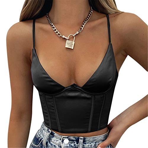 SAFRISIOR Women Spaghetti Strap V Neck Bustier Corset Top Sleeveless Slim Sexy Crop Cami Top Clubwear Party Crop Top Outwear Black