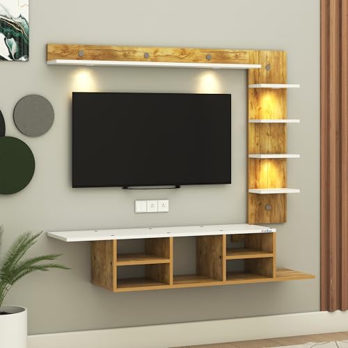Image of Anikaa LED Light TV Unit Wall Mounted TV Unit Wall TV Stand TV Entertainment Unit TV Cabinet for Living Room, Set Top Box Stand - Giantwood /White (D.I.Y) Ideal for up to 50 inch inches (Giantwood, 130 cm)