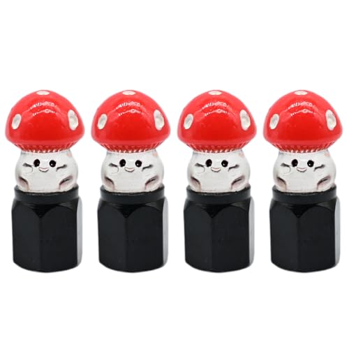 4-Pack Handmade Mushroom Tire Valve Stem Caps, Colorful Red & White Design for Schrader Valves, Cute Car & Bike Accessory, Unique Driver Gift, Novelty Wheel Accent (Black)