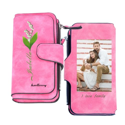 SHKINETARRY Cartera con Foto Personalizada con Nombre y Flor de Nacimiento Cartera Larga de Cuero Personalizada para Mujer Gran Capacidad con múltiples tarjeteros Regalos para su Día de la Madre