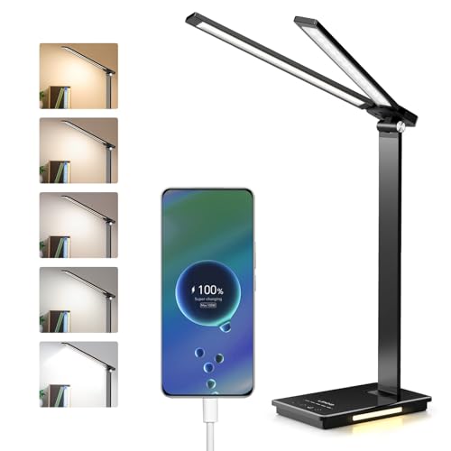 LENDOO Lampada Scrivania Led, Luce Scrivania Doppia Testa Batteria 2000 mAh/Porte USB, 5 Modalità Colore, Lamp Lettura Dimmerabile, Lampada Tavolo Touch, Piccola Lampada Notturna Integrata Per Camera