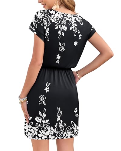 Image of AUSELILY Womens Summer Mini Dress, Short Sleeve V Neck Drawstring Casual | Soft smooth drape with an adjustable drawstring waist for beach, casual outings and daily wear