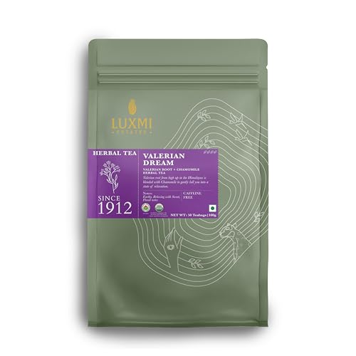 LUXMI Estates Sleep Tea With Valerian Root - 50 Herbal Tea Bags (100g) | With Chamomile, Lavender & Valerian Root | Caffeine Free Best For Insomnia, Anxiety & Stress Relief, Relaxation, Restful and Peaceful Sleep With Wellness Herbal Tea