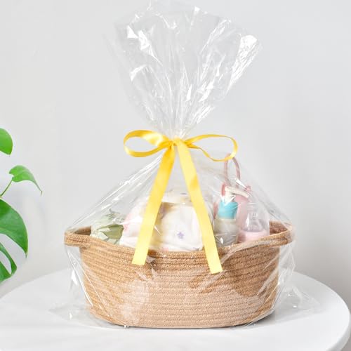 Image of ABenkle Small Basket with Handles, Boho Decorative Rope Woven Dog Cat Toy Storage Bin Shelf Storage Organizer, Easter Christmas Gift Basket, 12 inchx8 inchx5 inch