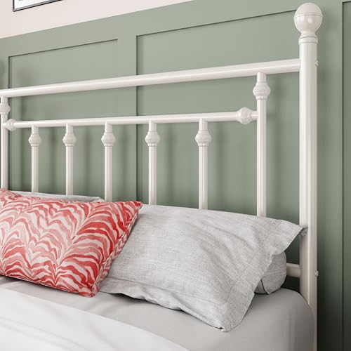 Image of Allewie 14'' Full Size Metal Platform Bed Frame, Vintage Headboard, White | 50'' Tall Victorian Headboard /Footboard /Mattress Foundation /Under Bed Storage /No Box Spring Needed /Easy Assembly /Noise Free
