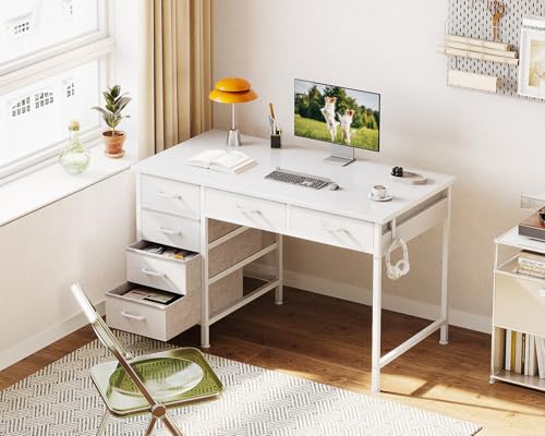 ODK Computer Desk with 6 Drawers, 40 Inch Small Desk with Storage, Reversible Desk with Headphone Hook for Home Office, Work Study Table for Bedroom, White - Image 3