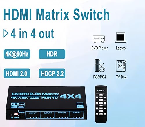 Explosive HDMI 2.0 4K Commutateur de matrice 4 x 4 sorties 4 en 4 sorties HDMI Matrix Video Switch Splitter HD 4K @ 60 Hz Prise en charge IR Contrôle 3D, EDID, Blu-Ray DVD avec lumières LED pour TV – vue 7