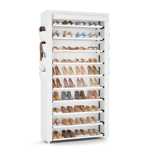 VTRIN Tall Shoe Rack with Cover, 10 Tier Shoe Organizer Storage for 50-55 Pairs Shoes and Boots Large Capacity Shoe Shelf with 8 Pockets Free Standing Shoe Rack for Closet, Entryway, Garage, White
